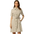 thumbnail image 1 of Vestidos de safari para mujer Vestido camisero con botones y cinturón de manga corta de algodón de verano Beige S, 1 of 5