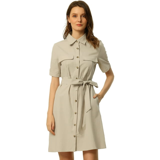 Vestidos de safari para mujer Vestido camisero con botones y cinturón de manga corta de algodón de verano Beige S