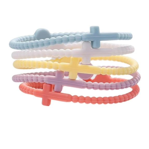 Lashicorn Silicone Cross Bracelets for Girls 5 Pack pcs Big Pack Bulk Spring Colors Jesus Eternal Life Bracelet Adult for Women Pink Yellow Green Blue