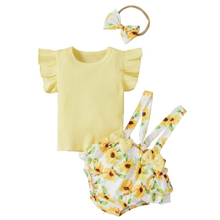 

Zukuco Newborn Baby Girl Clothes Summer Short Sleeve Ruffle Romper Top Suspender Shorts with Headband Baby Girl Outfit
