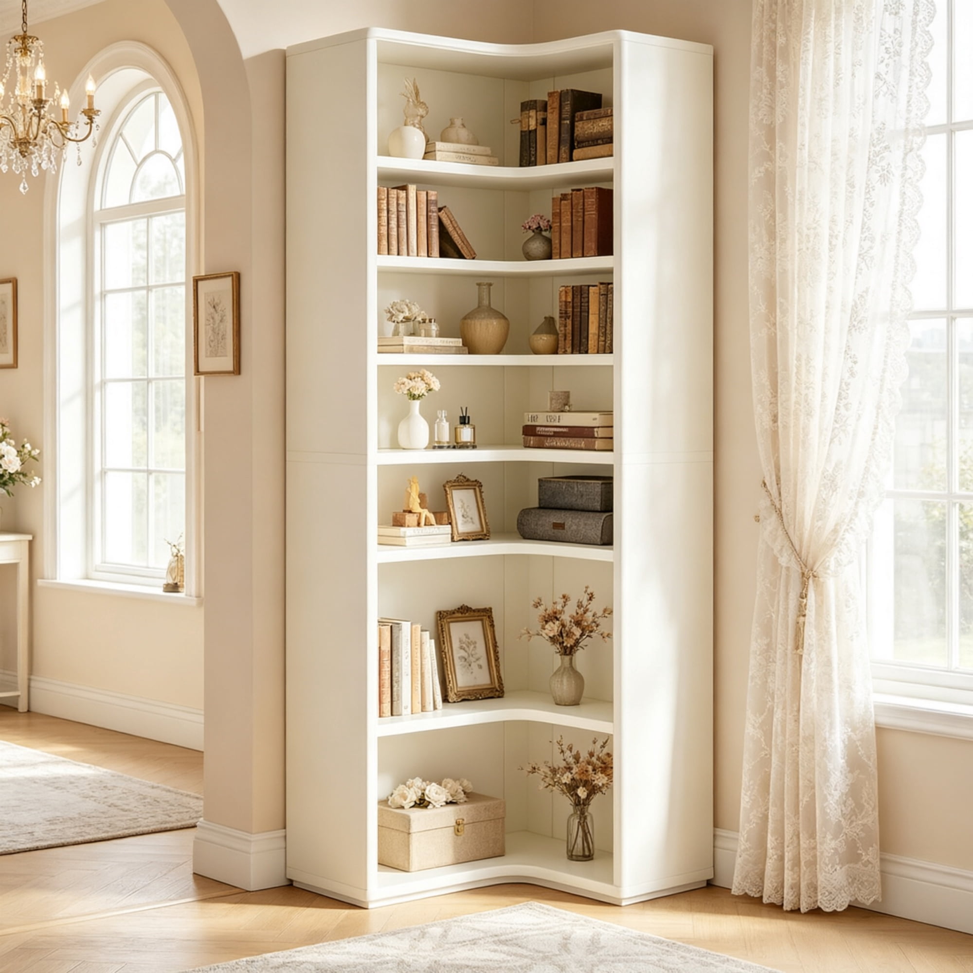 9 Tier L Shaped Bookcase Display Shelf, MDF Corner Bookshelf, 27.56 in L x 23.62 in W x 64.96 in H