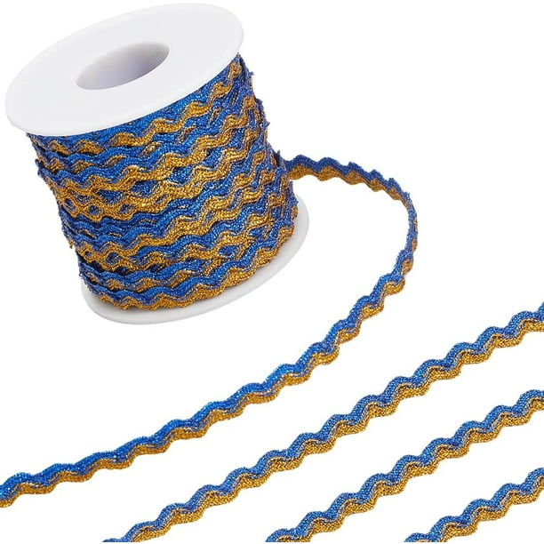 Cinta ondulada metálica de 17 m x 7 mm, bicolor, azul real y dorado. Cinta con flecos y ribete ondulado. Cinta trenzada con ribete de encaje en zigzag.
