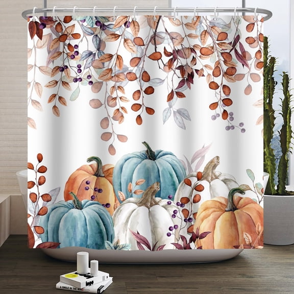 Autumn Pumpkin Shower Curtain Fall Eucalyptus Leaves Shower Curtains Thanksgiving Day Harvest Season Shower Curtain Sets for Bathroom 72x72 in with 12 Hooks