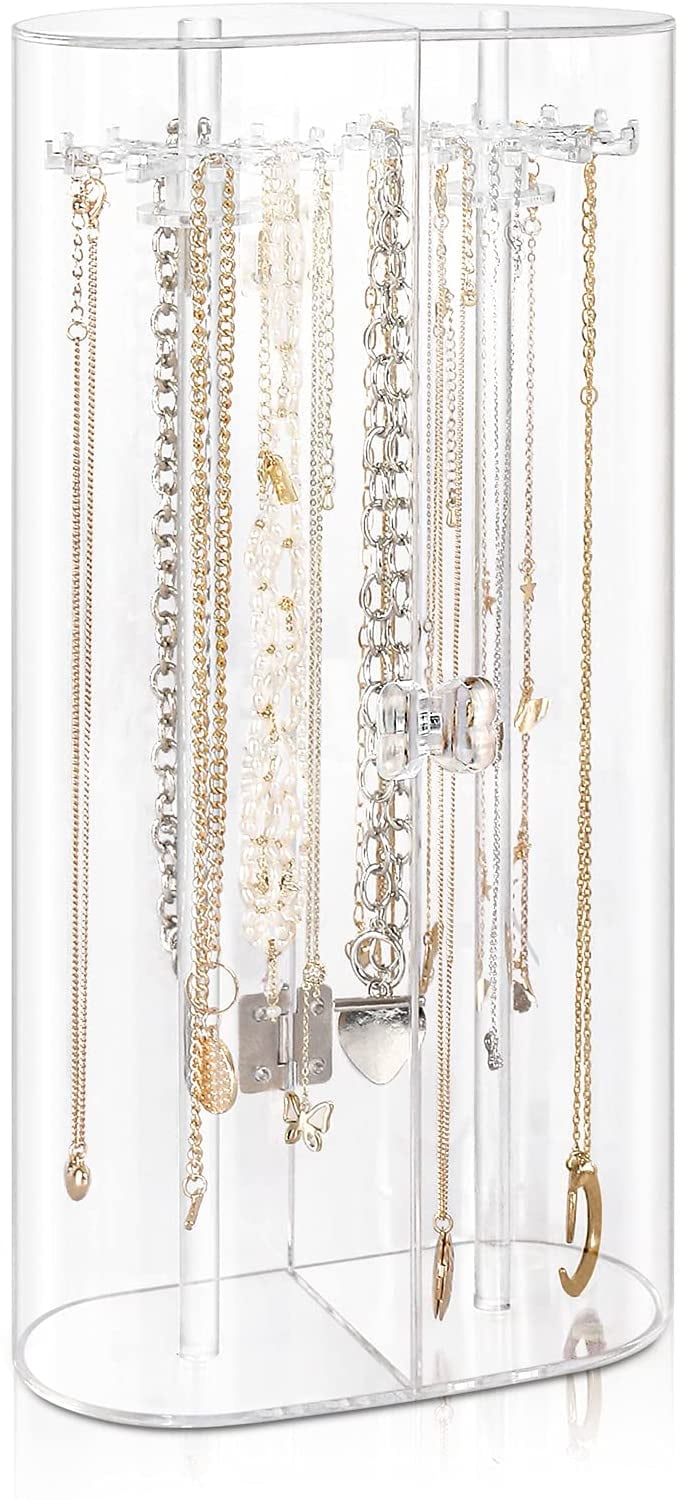 Necklace Holder, Acrylic Jewelry Organizer with 24 Hooks, Rotation