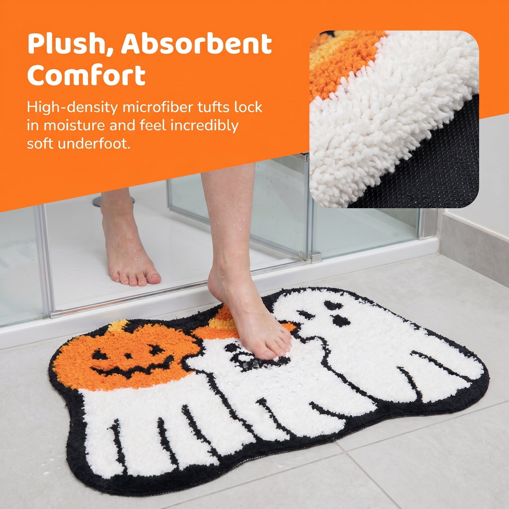 Unique Bargains Aesthetic Bathroom Ultra Soft Shaggy Bath Mat White Orange 24" x 16"