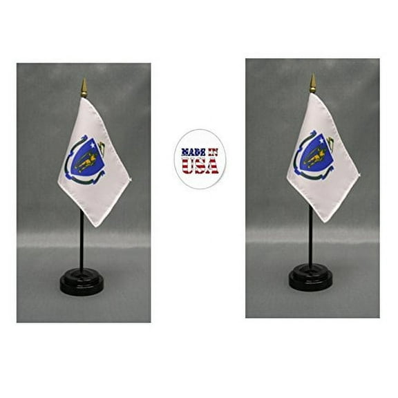 Made in the USA. 2 Massachusetts 4"x6" Miniature Desk & Table Flags Includes 2 Flag Stands & 2 Massachusetts State Small Mini Stick Flags