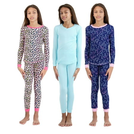 

Just Pajamas Girls Pajamas Set 6 Piece Soft Snug Fit Sleepwear Set Long Sleeve Sleep Shirts and Pants for Toddlers and Big Girls (Pink Leopard-Blue-Light Blue 8)