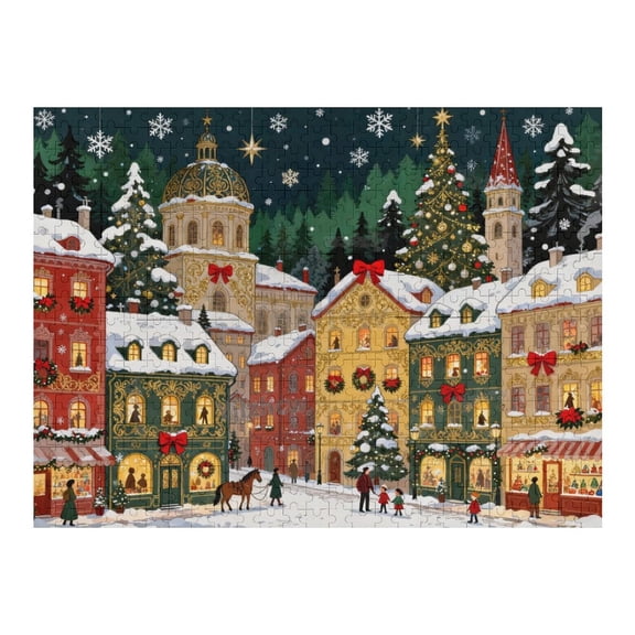 Christmas Town Winter Scene Wooden Jigsaw Puzzle 1000 Pieces, Challenging Indoor Activity for Adults, Brain Teaser Hobby, Home Decor, Tabletop Entertainment, Relaxing Leisure Puzzle