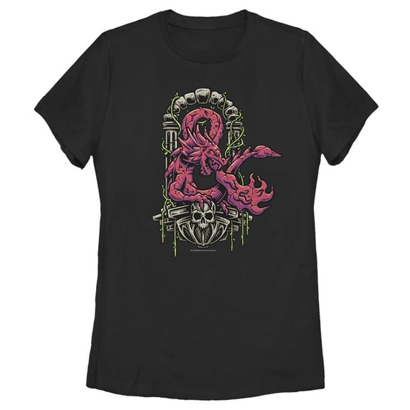 Women's Dungeons & Dragons Red Dragon Logon On Top of Skull Graphic Tee Black Small