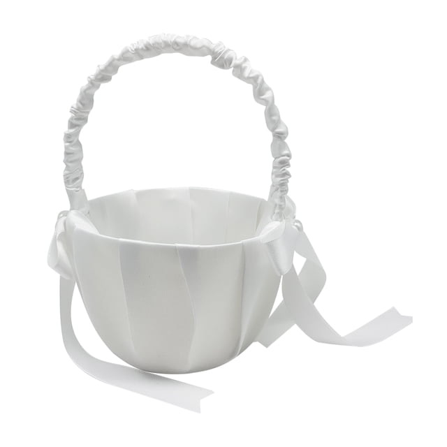 Canasta de flores nupcial con detalles de perlas y cristales, ideal para ceremonias y decoraciones de fiestas. Hecha de satén blanco y cinta, perfecta para niñas floreras.