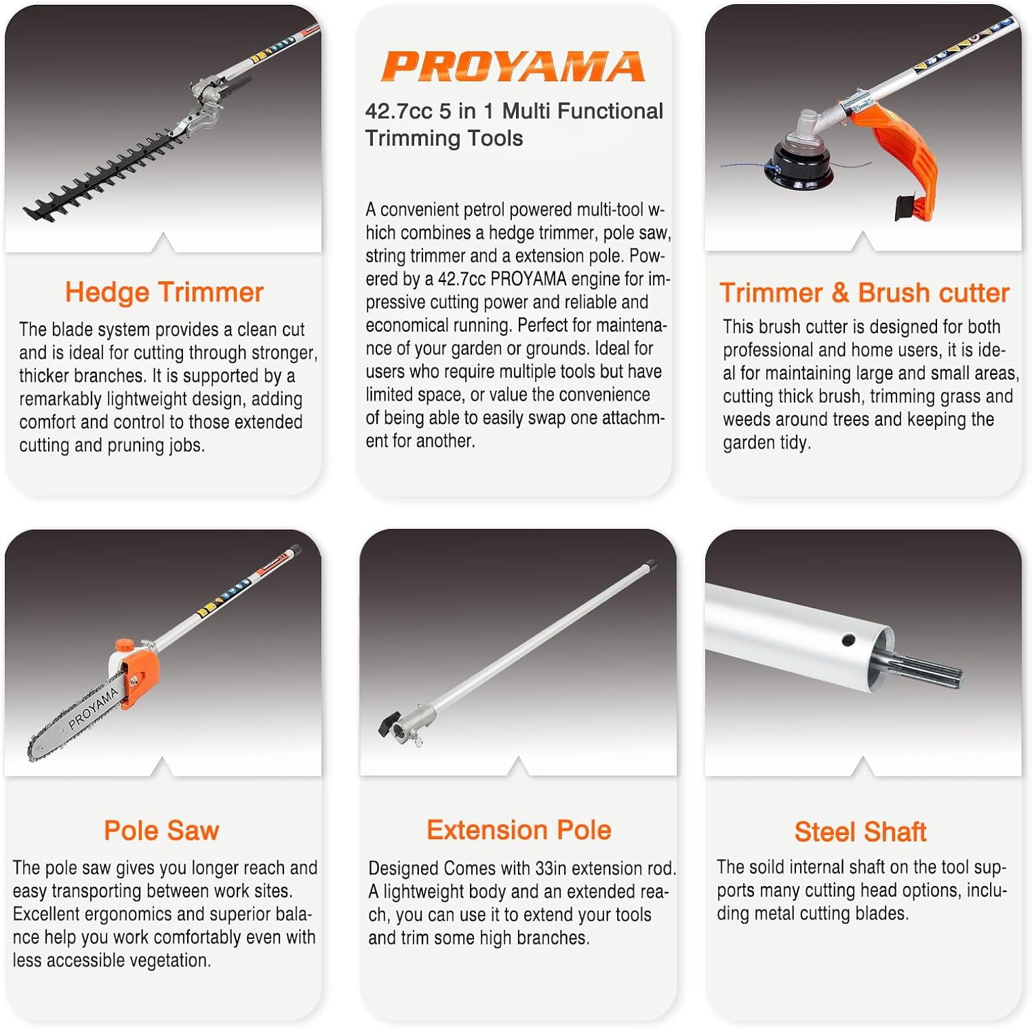 PROYAMA 42.7cc 5 in 1 Gas Brush Cutter, Multi-functional Gas Hedge Trimmer, Weed Eater, Brush Cutter, String Trimmer, Pole Saw with Extension Pole