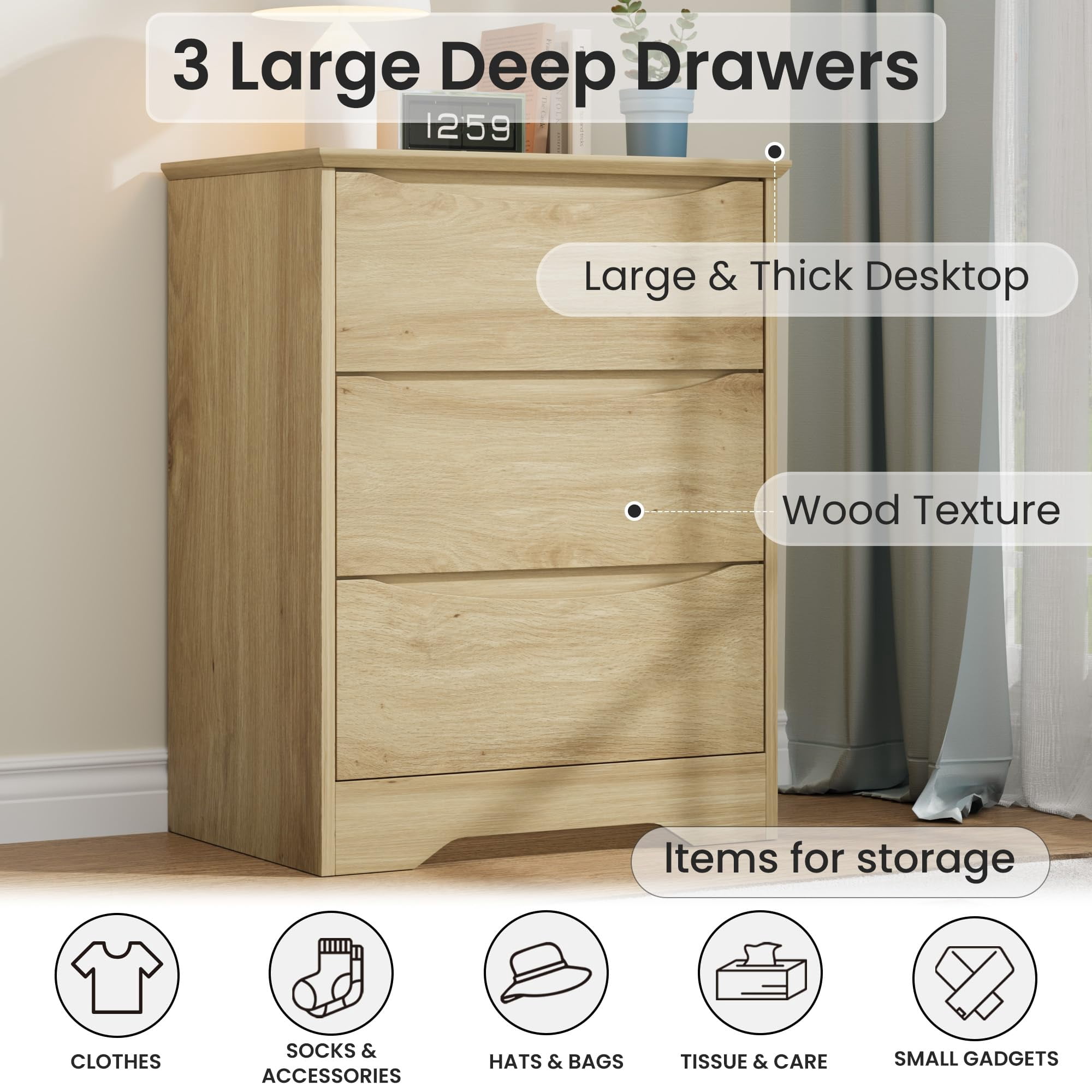 Kicctian Modern Dresser with 3 Deep Drawers, 30" Tall Wooden Storage Cabinet for Bedroom, Living Room, Entryway, Natural Wood Color
