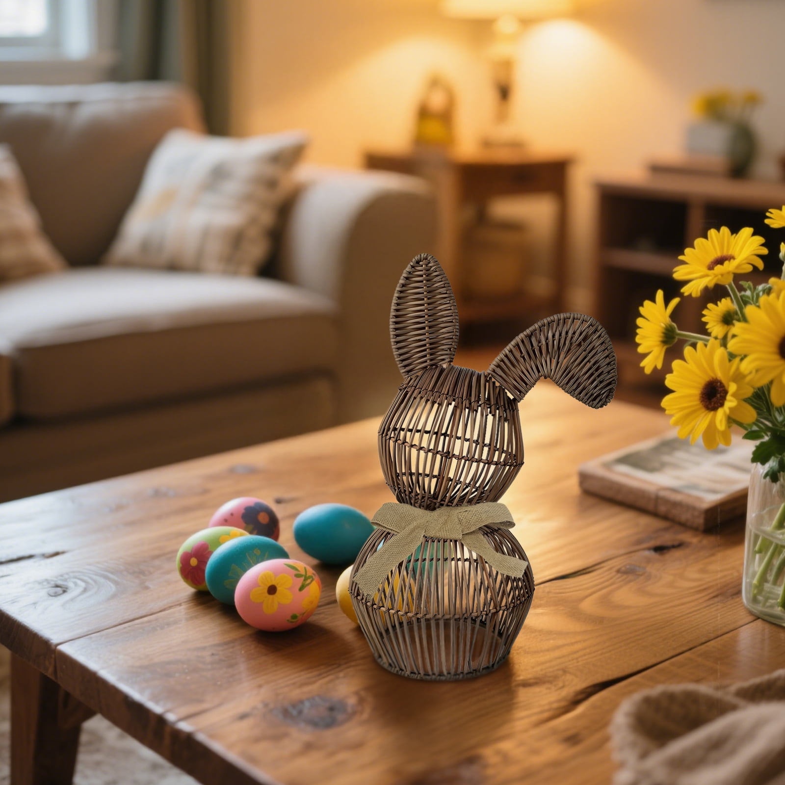 Handmade Rattan Easter Bunny Basket, Brown Bunny Decor with Fabric Bow, 5.91 x 11.81 in /15 x 30 cm, Suitable for Home Decoration, Easter Themes, Cute Rabbit Figurine