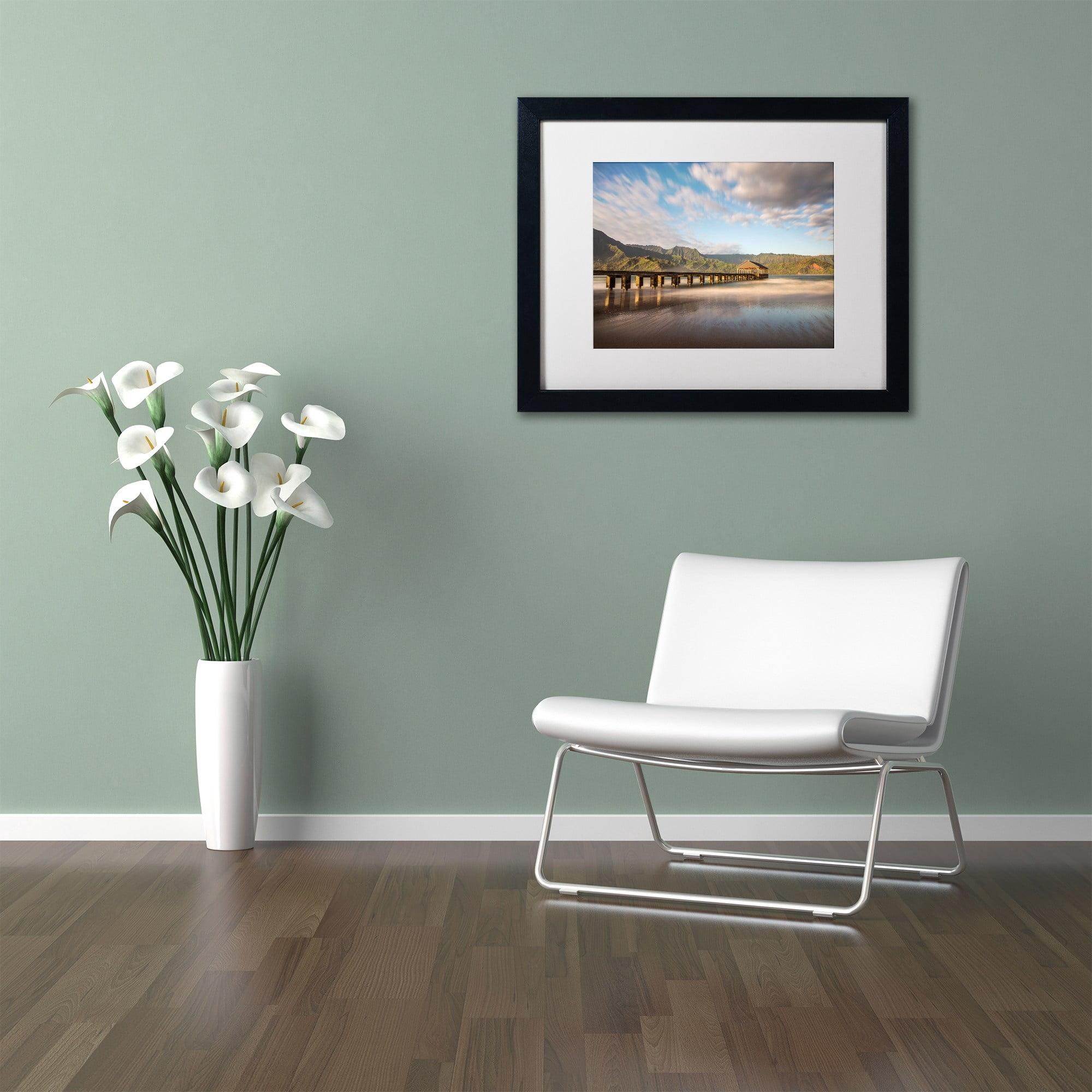 Trademark Fine Art 'Hanalei Bay Pier' Canvas Art by Pierre Leclerc, White Matte, Black Frame