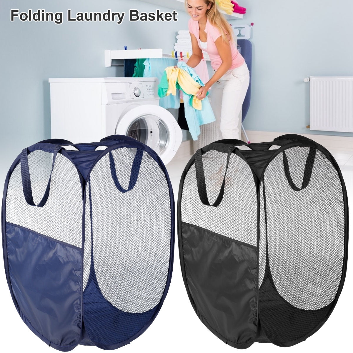 Large Pop Up Foldable Laundry Basket Mesh Hamper Washing Clothes Bag Storage Bin 