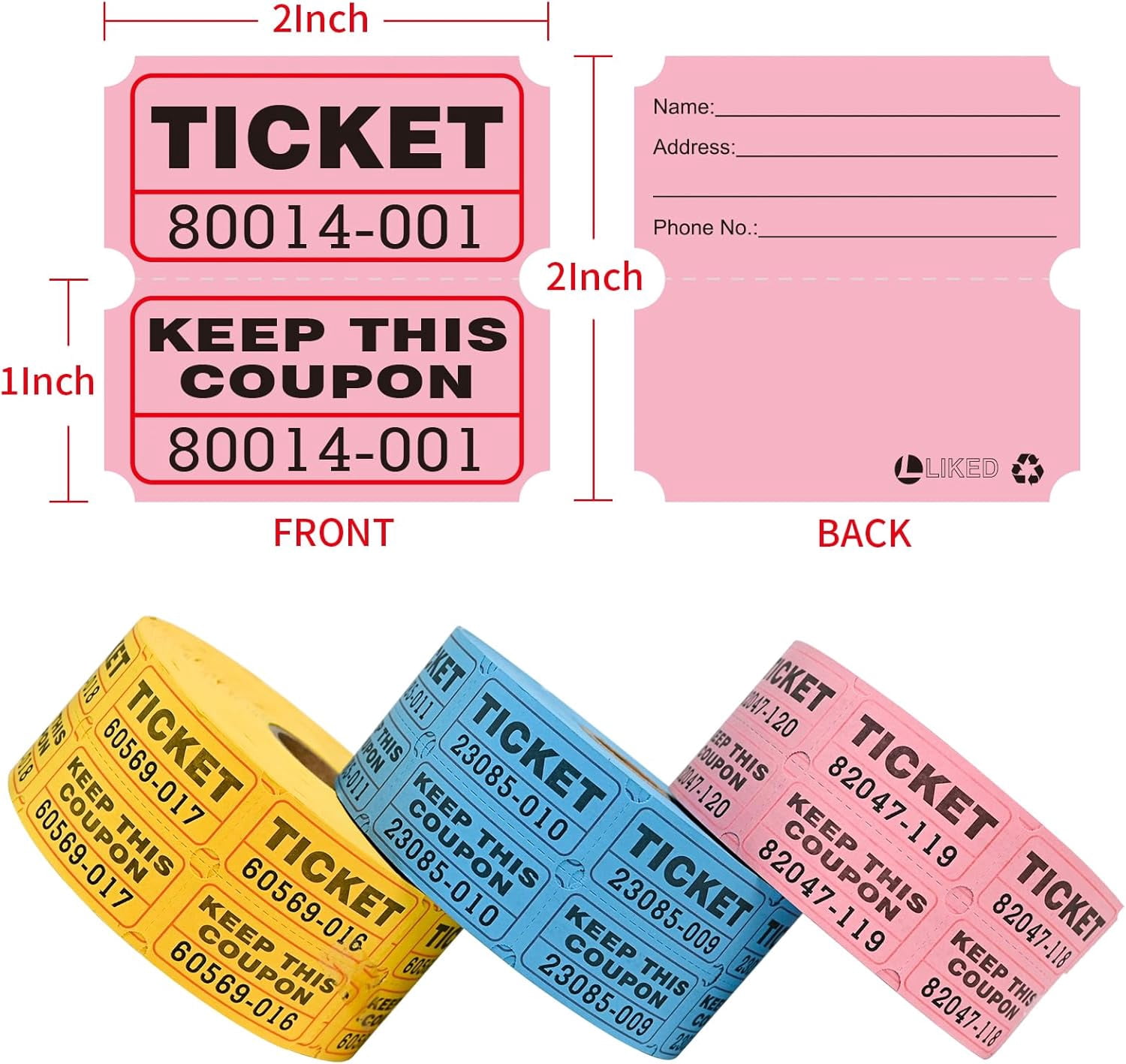 3000 Pcs Raffle Tickets - 3 Color Set of 1000 Pcs 2" x 2" Double Roll Consecutively Numbered 50/50 Tickets for Events& Door Prize- Blue/Yellow/Pink