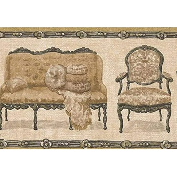 Concord Wallcoverings Wallpaper Border Retro Art Pattern Antique Victorian Style Chairs Couches Cushions for Living Room Cottage, Gold Beige Brown Black, 7 Inches by 15 Feet AT031143VP