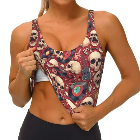 Qokaie Skull record Guitar music Pattern Womens Scoop Neck Sports Bra Breathable Workout Vest Padded U Back Medium Impact Fitness Gym Yoga Bra Workout Crop Top