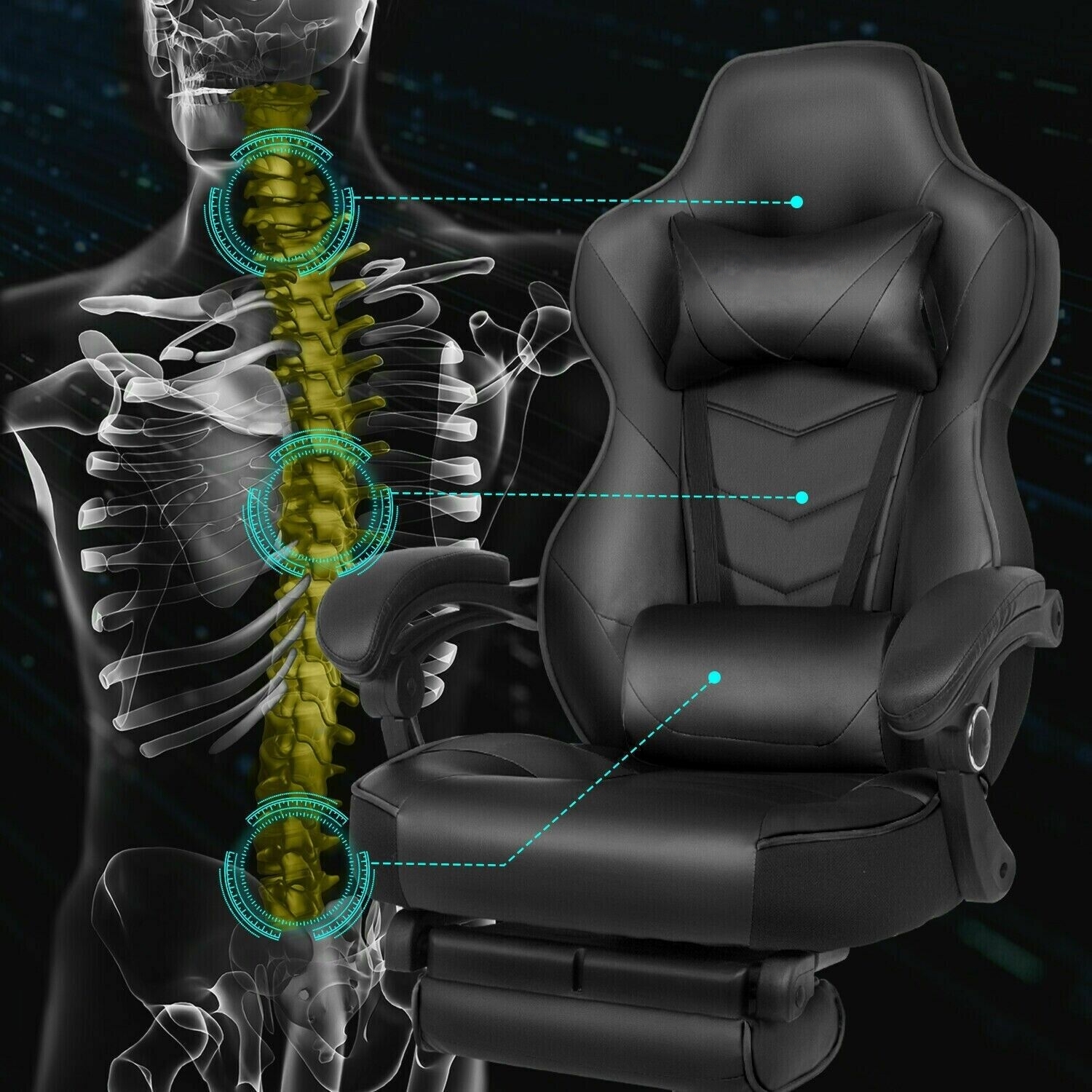 PULUOMIS Gaming Chair with Footrest Ergonomic Office Chair with Arms for Adults Kids, Black