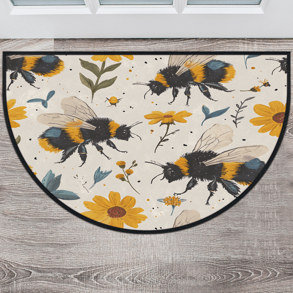 CURLYOOT Bee Spring Half Round Door Mat 40'' x 63'', Indoor Outdoor Entrance Rug, Semi Circular Area Rug, Non Slip Washable Absorbent Doormat, Laundry Room Rug