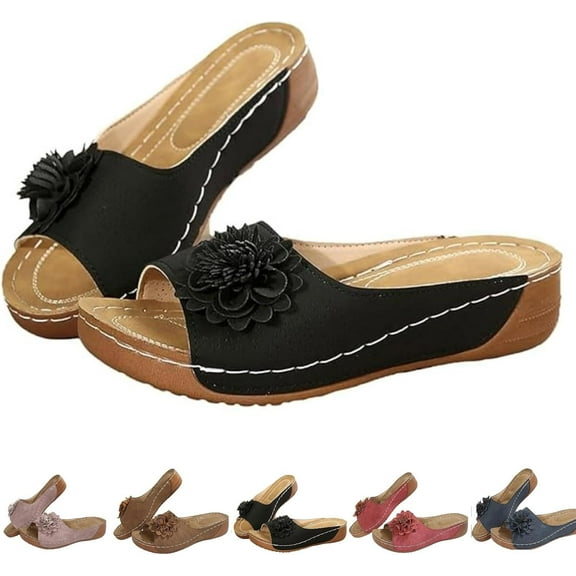 Sandals for Women 2025 Beach PU Leather Flower Wedge Sandals Orthopedic Arch Support Walking Slippers Slides