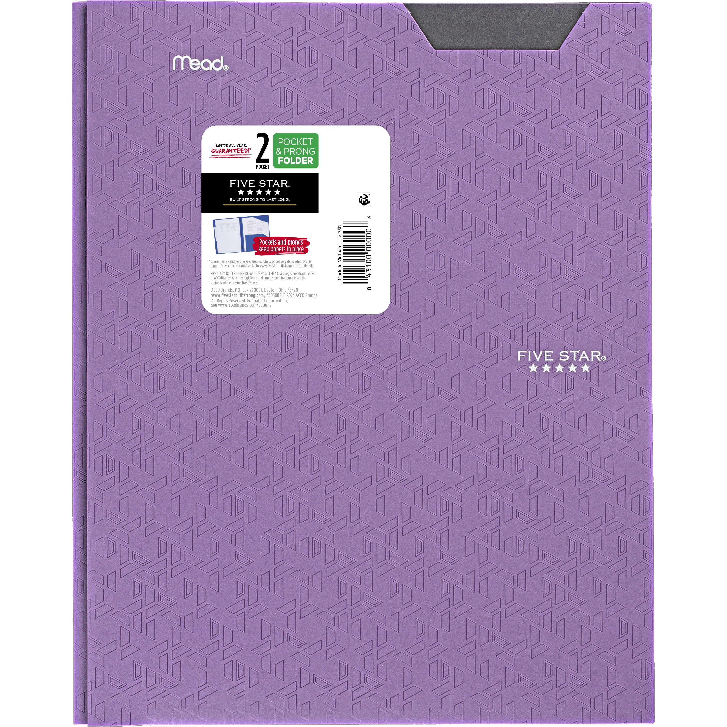 Five Star Stay-Put Pocket Paper Folder, Durable Plastic, Prong