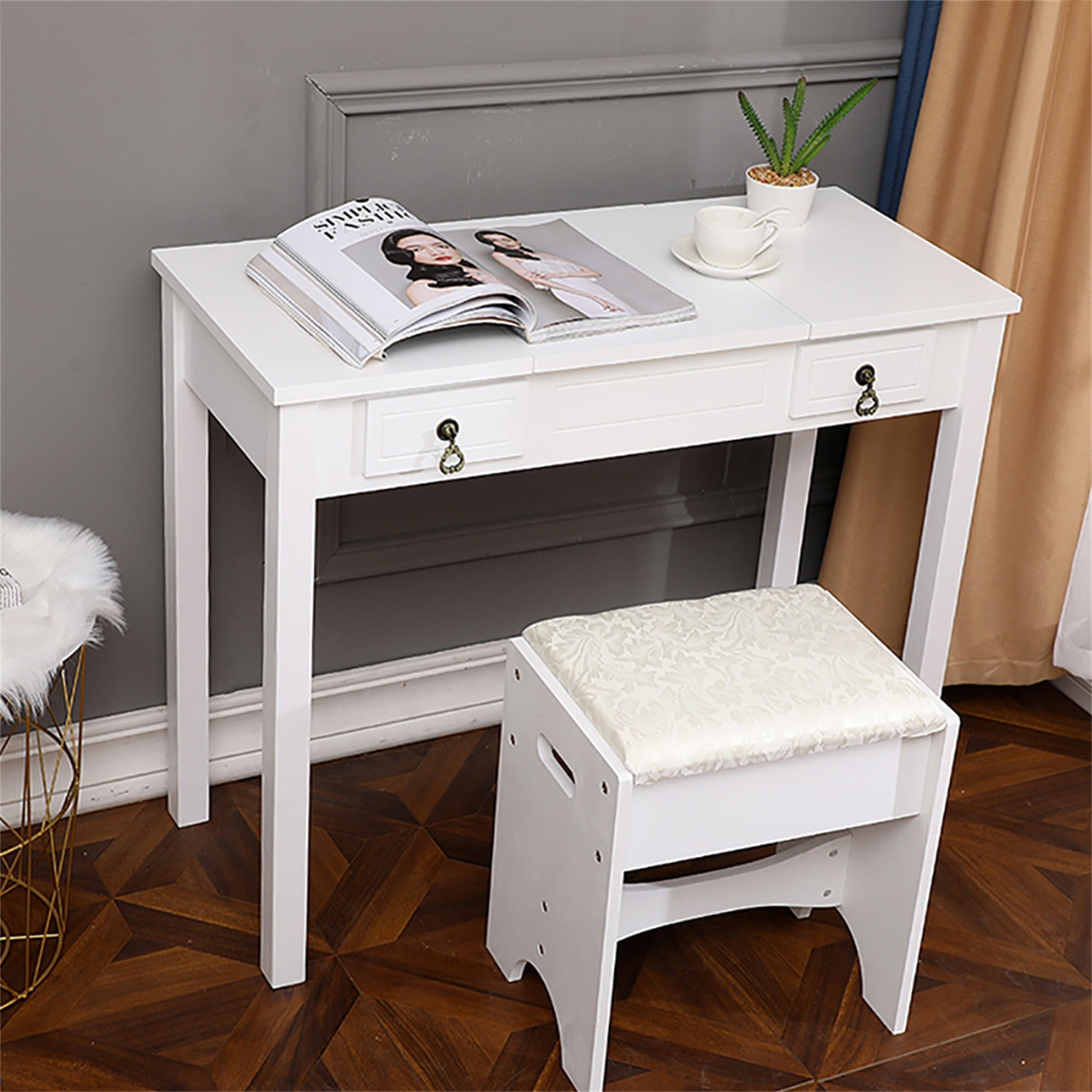 Kadyn Vanity Table and Chair Set, Vanity Set with Mirror and Stool, White
