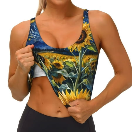 Qokaie Starry Sky Sunflower Pattern Womens Scoop Neck Sports Bra Breathable Workout Vest Padded U Back Medium Impact Fitness Gym Yoga Bra Workout Crop Top