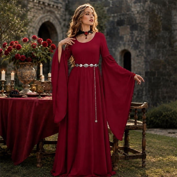 Women Medieval Halloween Long Dress With Round Neck Bat Sleeves, Full Length Costume Outfit For Costume Parties, Cosplay Events, Stage Performances, Photo Sessions And Themed Dress Up,Adult(S)