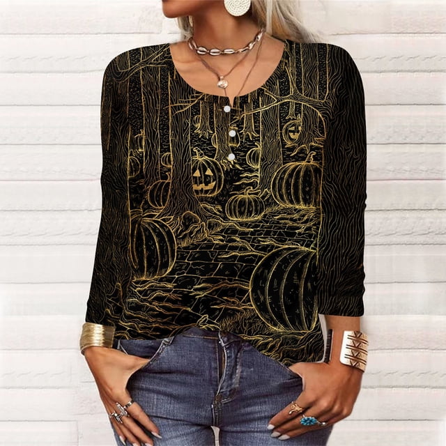 Long Sleeve Shirts For Women Halloween Pattern Print Graphic Tees Blouses Casual Plus Size Basic Tops Pullover