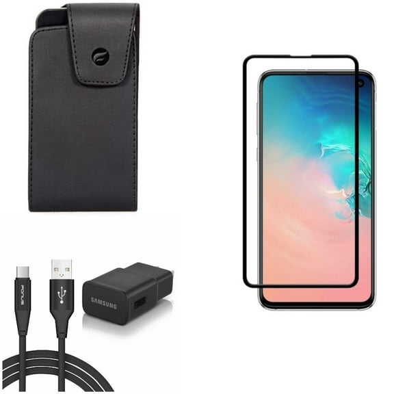 Galaxy S10e Screen Protector w Case Belt Clip w Fast Home Charger - Tempered Glass 5D Curved Edge, Leather Swivel Holster, Type-C 6ft USB Cable Quick for Samsung Galaxy S10e Phone