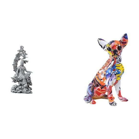 Elodie Guan Yin Kuanyin Figurine Feng Shui Buddhist Decoration Office Bedroom Living Room Desktop Colorful Dog Sculpture Puppy Multicolor Collectible Realistic Animal Ornament Chihuahua