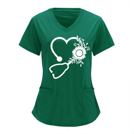 

COFEST Women s Slim Fit Scrubs With Pockets Clearance Trendy V Neck Shirts Heart And Stethoscope Printed Tees Clothes 2023 Vintage Summer Work Tunic Short Sleeve Tops Green M