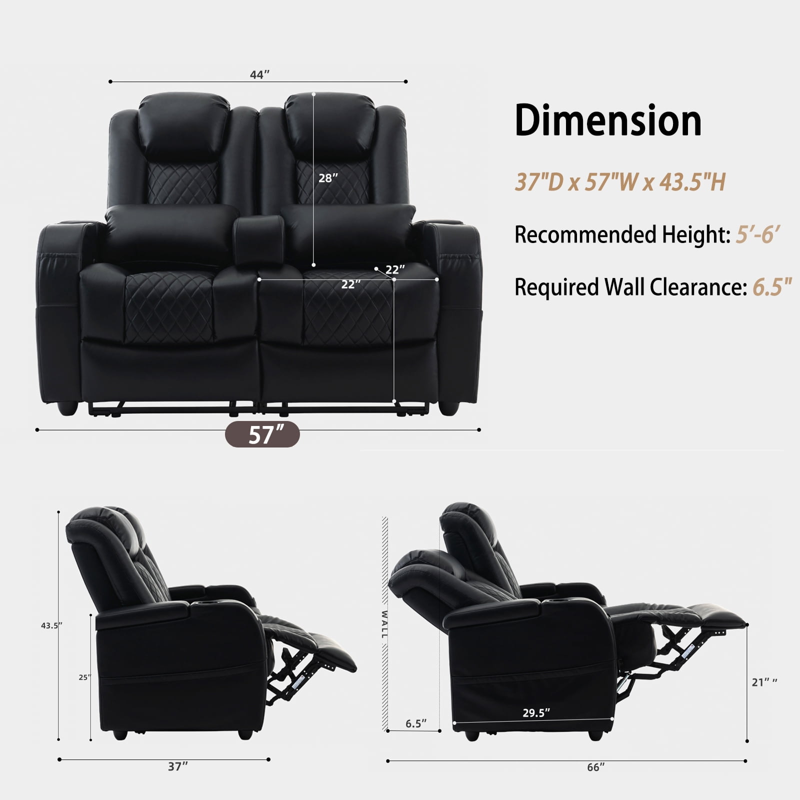57" Loveseat Recliner, Recliner Sofa with 3 Cup Holders and 2 Pillows, Wall Hugger Recliners & 135° Reclining Loveseat (Black PU Leather Furniture)