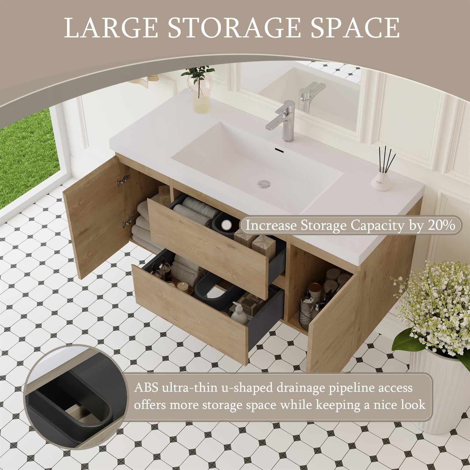 Demi Bonn 48" Floating Bathroom Vanity with Sink, Resin Top Basin and 2 Soft Close Drawers, 2 Storage Cabinet, Faucets and Drains Not Included, Brown