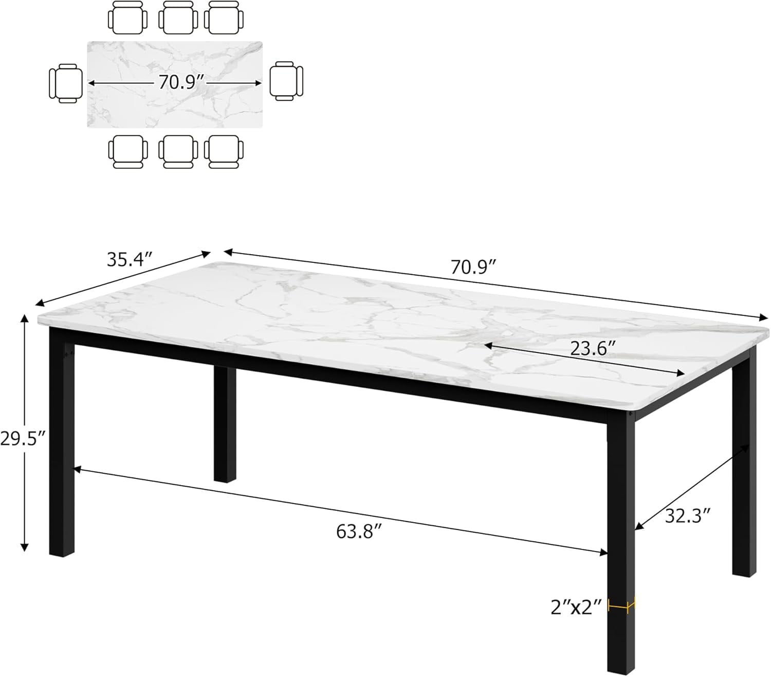 Garvee 70.8" Long Dining Table for 6-8 People, Large Rectangular Kitchen Table with Sturdy Metal Legs, Modern Industrial Dining Table with Rounded Corners, White Marble