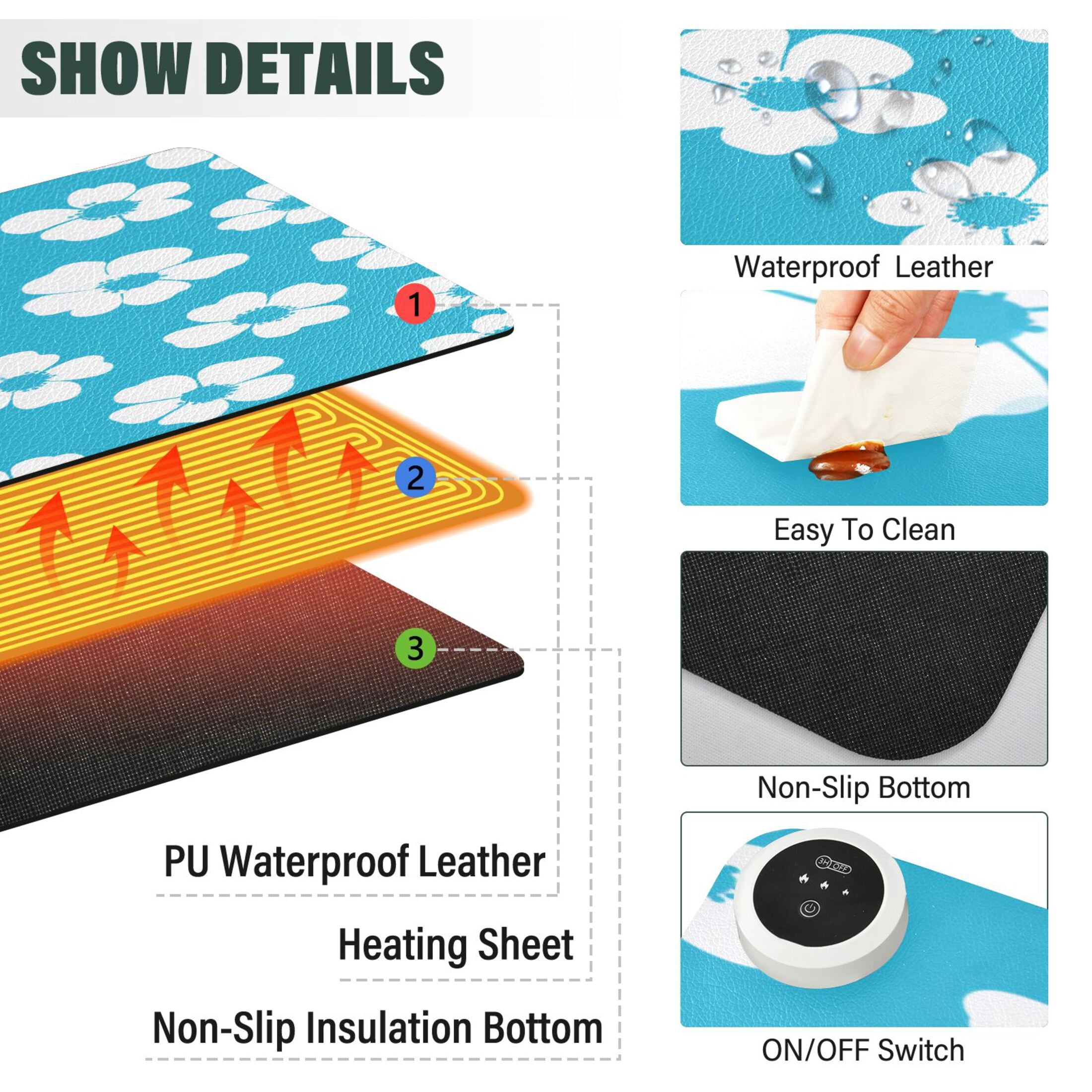 Large Heated Desk Mat Mouse Pad 31.5"x13"PU Leather Graphene Heating Desk Warmer with 3 Temperature Settings 110V US Plug Non-Slip Warm Pad for Home, Office, and Gaming Turquoise White Daisy Floral