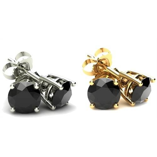 2 Carat Treated Black Diamond Studs Earrings In 14K White & Yellow Gold