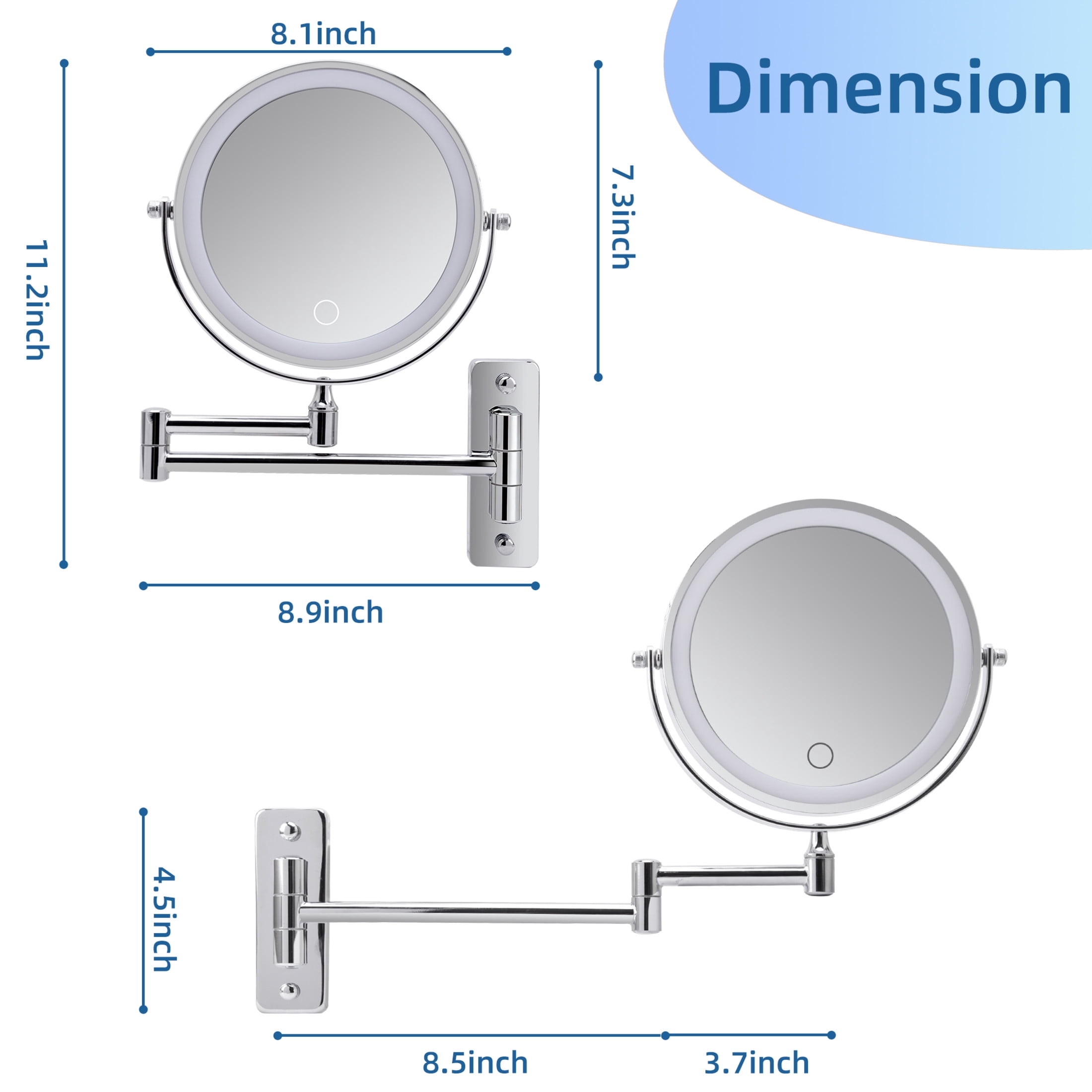 Noble House 8.9" Rechargeable Wall Mounted LED Makeup Mirror, Brushed Double-Sided Rotation Vanity Mirror, Chrome