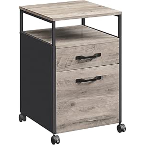 VASAGLE Archivador Móvil con 2 Cajones, Archivador de Oficina con Ruedas, Marco de Acero, con Compartimento Abierto, Greige y Negro