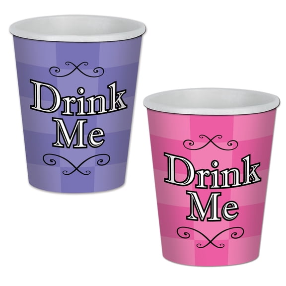 Beistle Alice in Wonderland Drink Me Disposable Paper Party Cups - 9 oz - Pink and Purple - Pack of