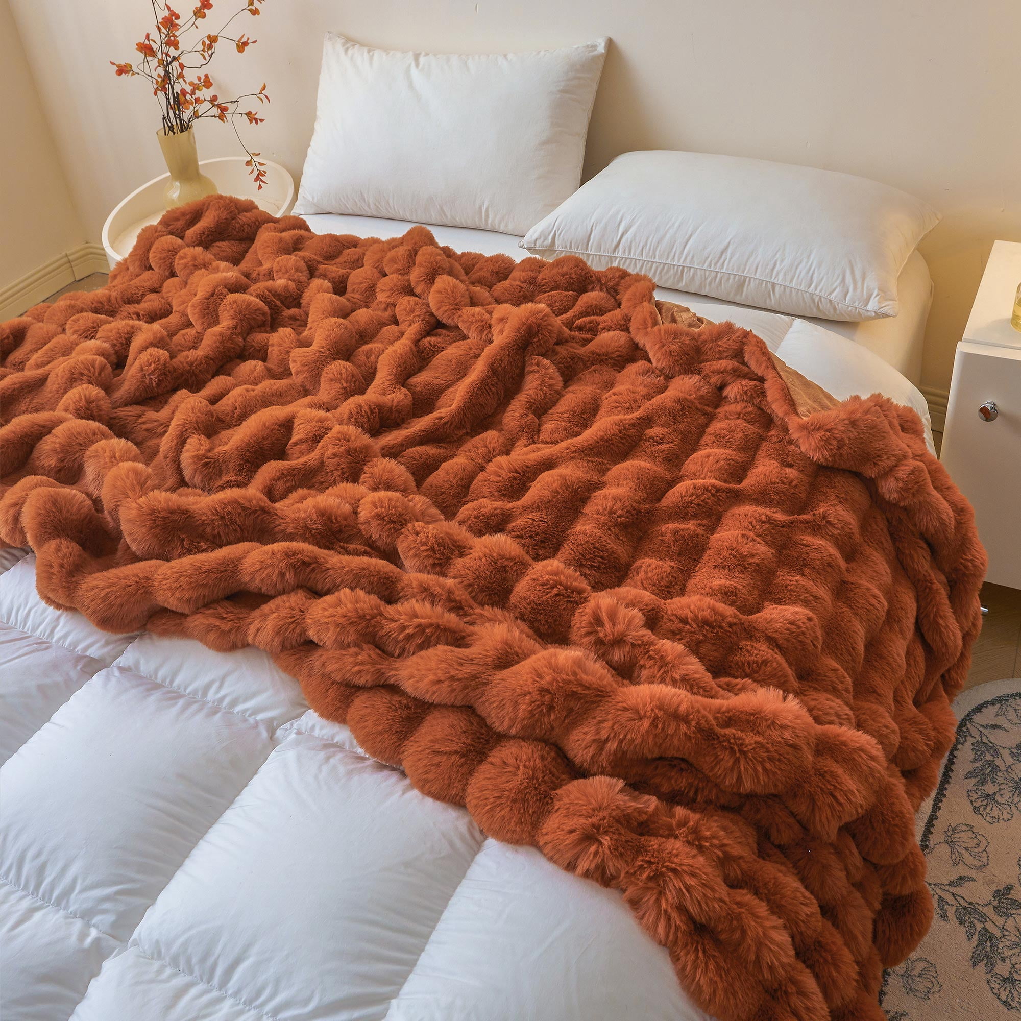 LIFEREVO Fluffy Faux Rabbit Fur Bubble Blanket, Plush Shaggy Waffle Throw for Couch Sofa, Cozy Furry Bed Blanket Adults Kids Teens Girls, Fuzzy Throw for Bedroom Living Room, 60x90, Burnt Orange