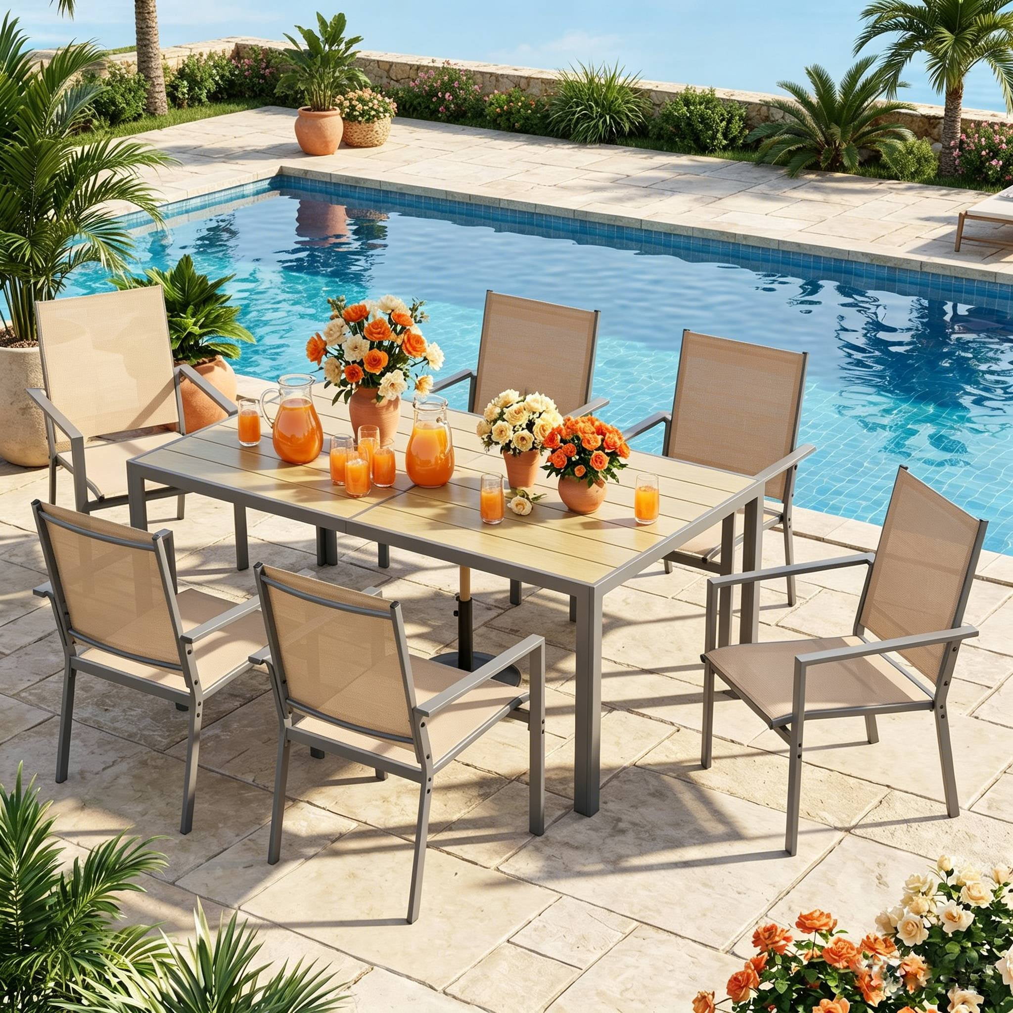 Lofka 7-Piece Outdoor Patio Dining Set ,Patio Conversation Set with 6 Textilene Chairs & 1 Metal Steel Table,Brown