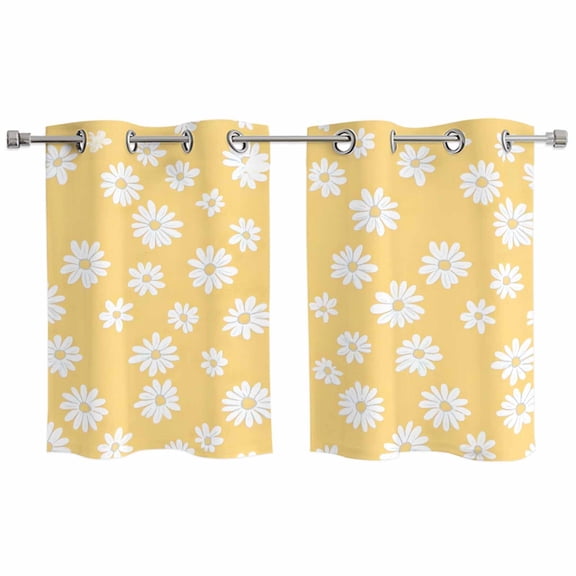 White Yellow Daisy Kitchen Curtains Small Short 39 Inch Length, Spring Summer Floral Botanical Grommet Top Bedroom Living Room Curtains, Light Filtering Cafe Curtain Drapes 2 Panels Set 55''x39''
