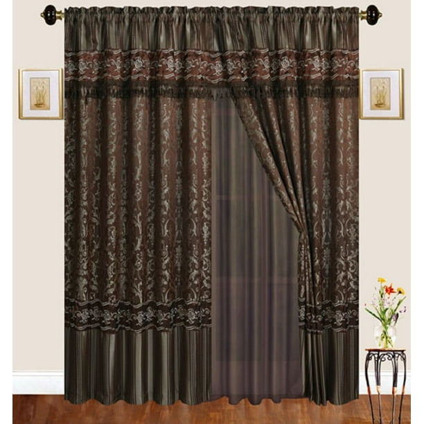 Luxury Jacquard Curtains Chocolate Brown Window Panels With Backing Valance And Tie Backs Emma D122 Brown Walmart Com Walmart Com