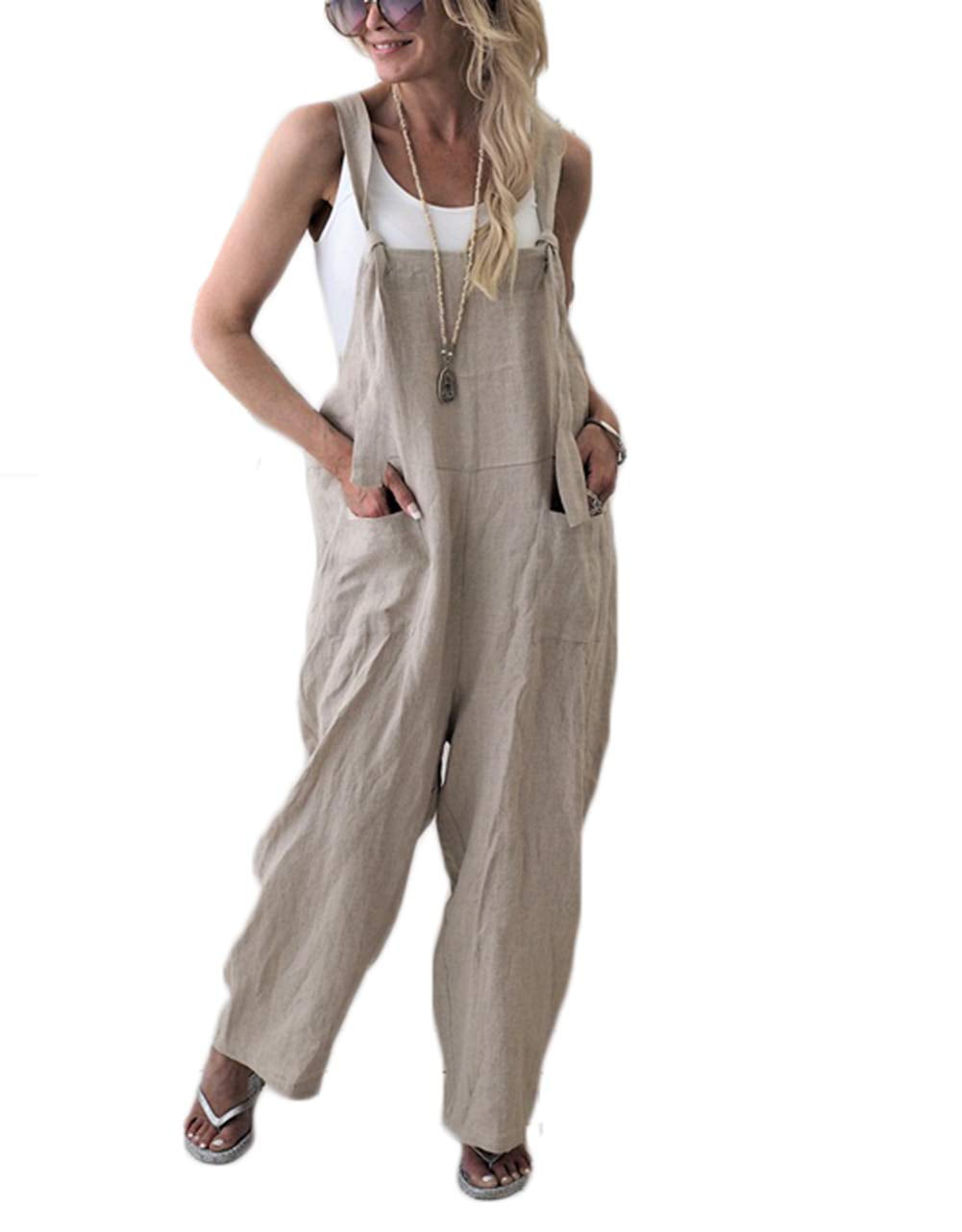 Womens Linen Cotton Playsuit Jumpsuit Dungarees Overalls Summer Pocket Shorts