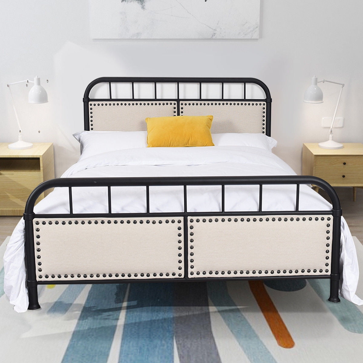 Full size Metal Bed Frame Platform Bed Upholstered Panel ...