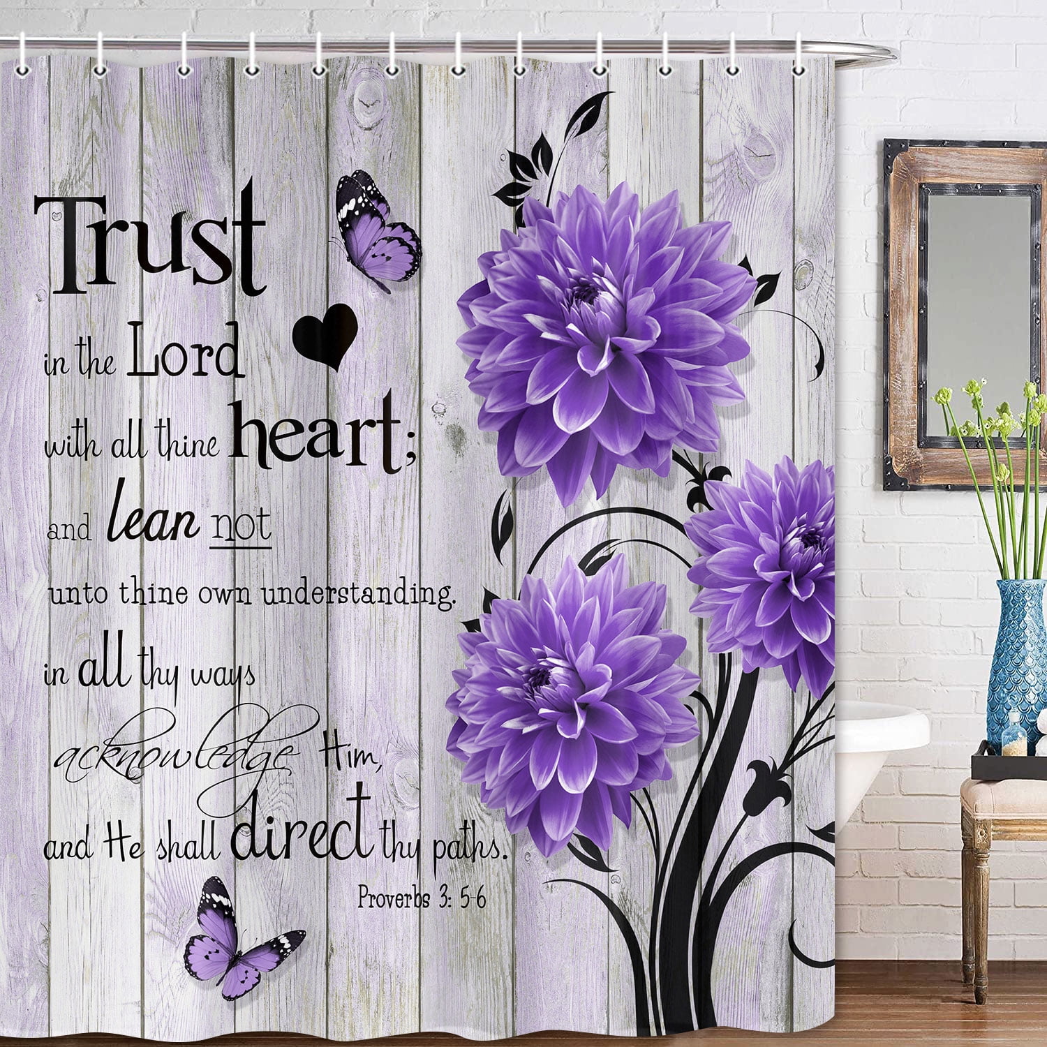 Farmhouse Flower Butterfly Bathroom Curtain, Rustic Purple Floral Dahlia Wooden Shower Curtain, Inspirational Quote Bath Curtain, Washable Fabric Shower Curtain Set with Hooks 47X64in