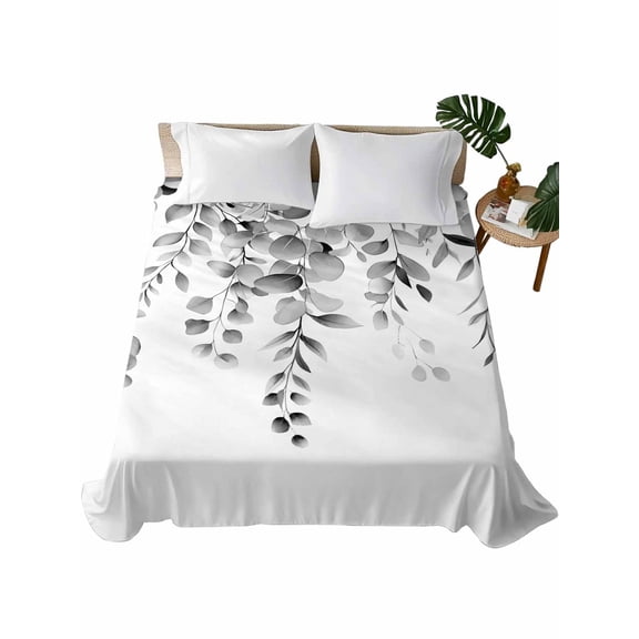 Grey Eucalyptus Flat Sheets Only Twin XL Size, Soft Breathable Bed Top Sheets for Mattress, Botanical Leaves Aesthetics Flowers Luxury Bedding Flat Sheets for Home Hotel Bedroom Bed Protection