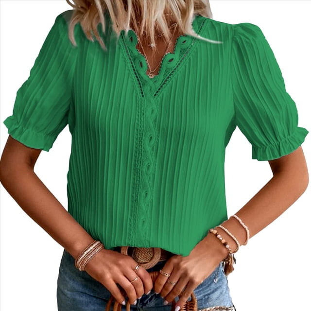Blusa Elegante de Encaje con Cuello en V y Corta para Mujer Verde XL